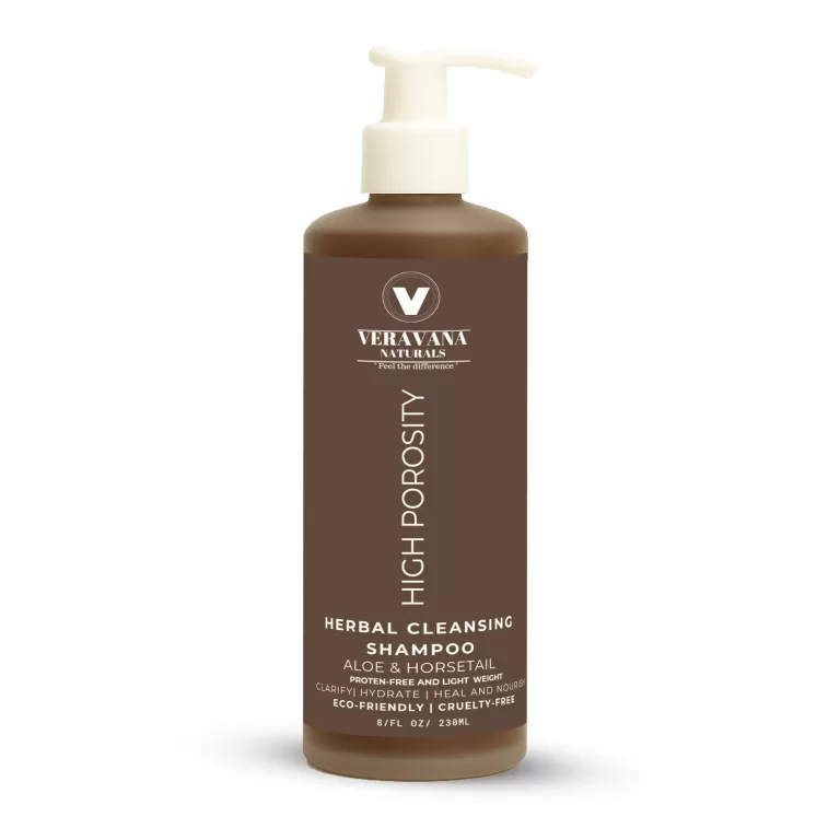 Veravana Naturals Herbal Cleansing Shampoo for High Porosity Hair in an 8oz eco-friendly pump bottle.