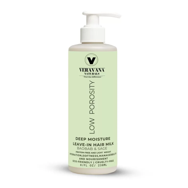 Veravana Naturals Deep Moisture Leave-In Hair Milk for Low Porosity Hair in an 8oz eco-friendly pump bottle.