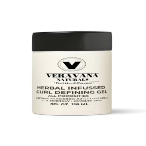 Veravana Naturals Herbal Infused Curl Defining Gel in an 8oz eco-friendly jar, designed for curl definition and styling.