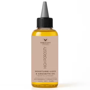 Veravana Naturals Moisture-Lock Growth Oil for High Porosity Hair in an 8oz applicator bottle, eco-friendly and handmade.