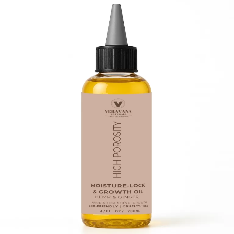 Veravana Naturals Moisture-Lock Growth Oil for High Porosity Hair in an 8oz applicator bottle, eco-friendly and handmade.